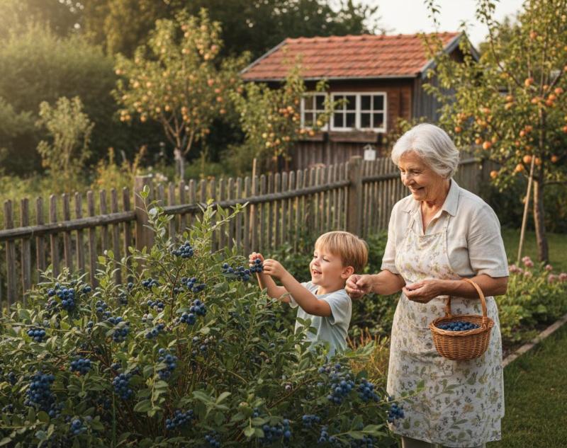 Heidelbeeren ernten – aromatische Früchte dank richtiger Pflege und Bewässerung Großmutter und Kind ernten gemeinsam Heidelbeeren mit Weidenkorb in einem deutschen Kleingarten