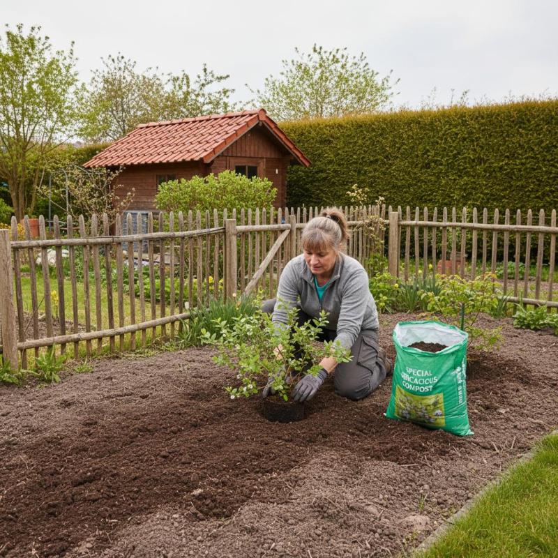 Heidelbeeren pflanzen – auf den richtigen Boden kommt es an Frau pflanzt Heidelbeerstrauch in Moorbeeterde in einem deutschen Garten