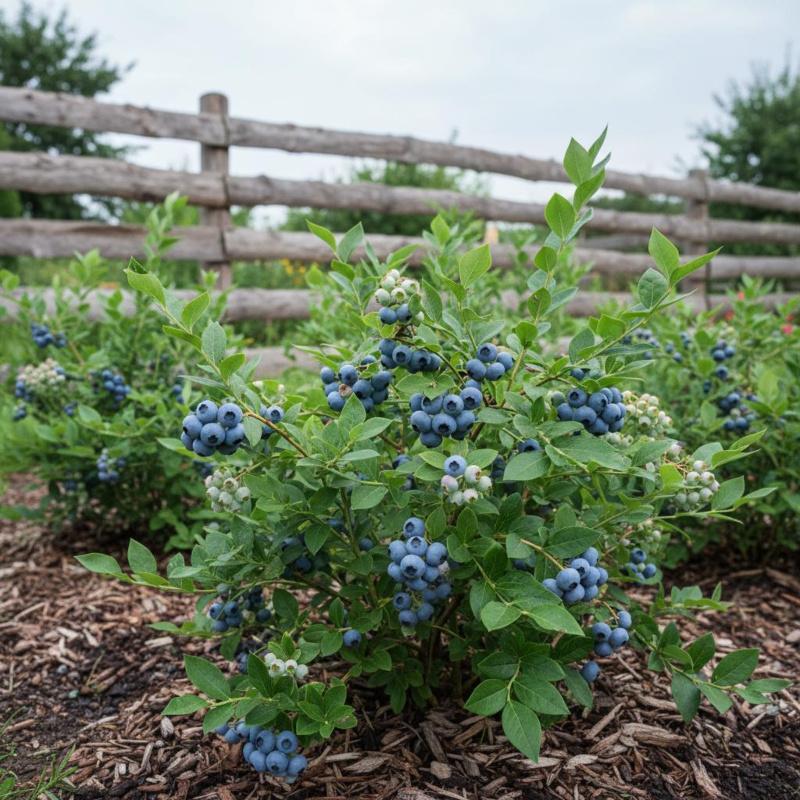 Rindenmulch unter dem Heidelbeerstrauch – Feuchtigkeitsspeicher und Bodenschutz Heidelbeerstrauch mit reifer Ernte auf Rindenmulch im Garten