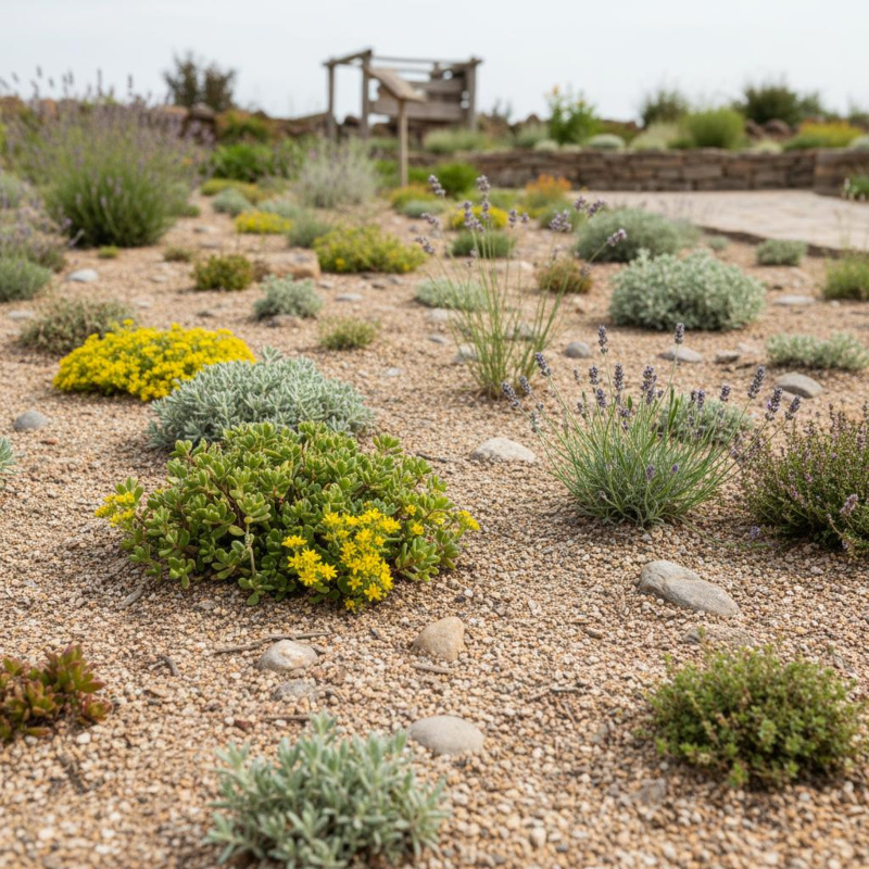 In Sand wchsen viele Pflanzen gut Trockenheitsliebende Pflanzen in einem Kies-Sand-Beet mit verschiedenen Wuchsformen und Blütenfarben