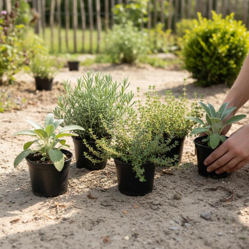 Trockenheitsliebende Kräuter sind für das Sandbeet ideal Eingetopfte Lavendel-, Thymian- und Salbeipflanzen werden auf einem Sandbeet vor dem Einpflanzen positioniert