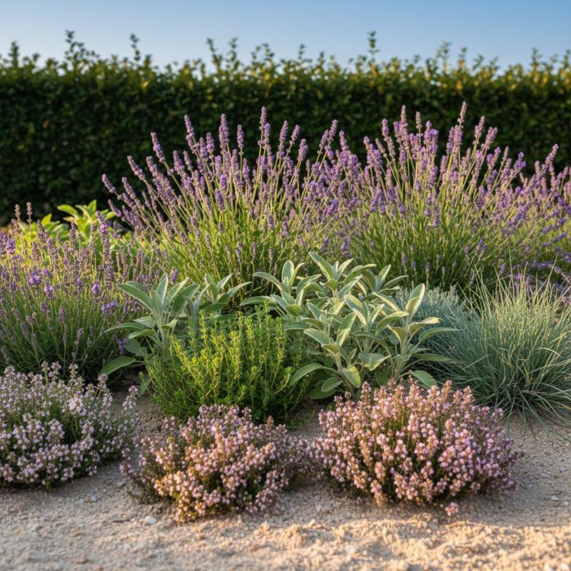 Sandbeet in voller Blüte – Lavendel, Salbei und Blauschwingel Blühendes Sandbeet mit Lavendel, Salbei und Ziergräsern im Sommer