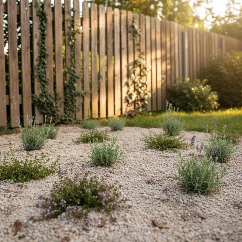 Ein Sandbeet ist lebendig und pflegeleicht Angelegtes Sandbeet mit Lavendel und Thymian vor einem Holzzaun im Garten