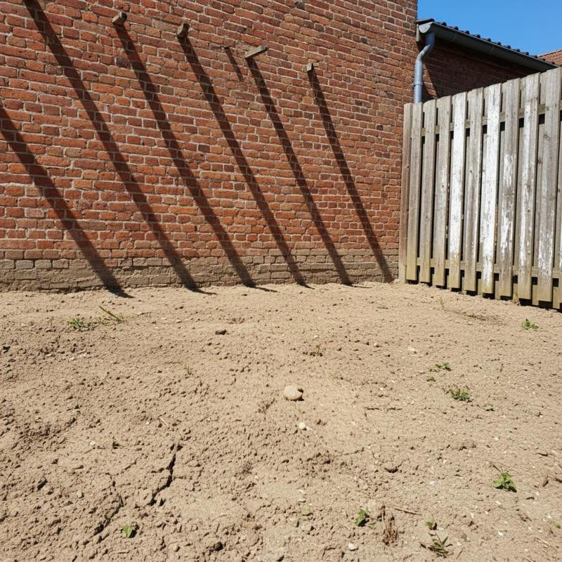 Geeigneter Standort für ein Sandbeet: sonnig, trocken, geschützt Sonniger trockener Standort an einer Backsteinmauer mit Holzzaun – ideal für ein Sandbeet