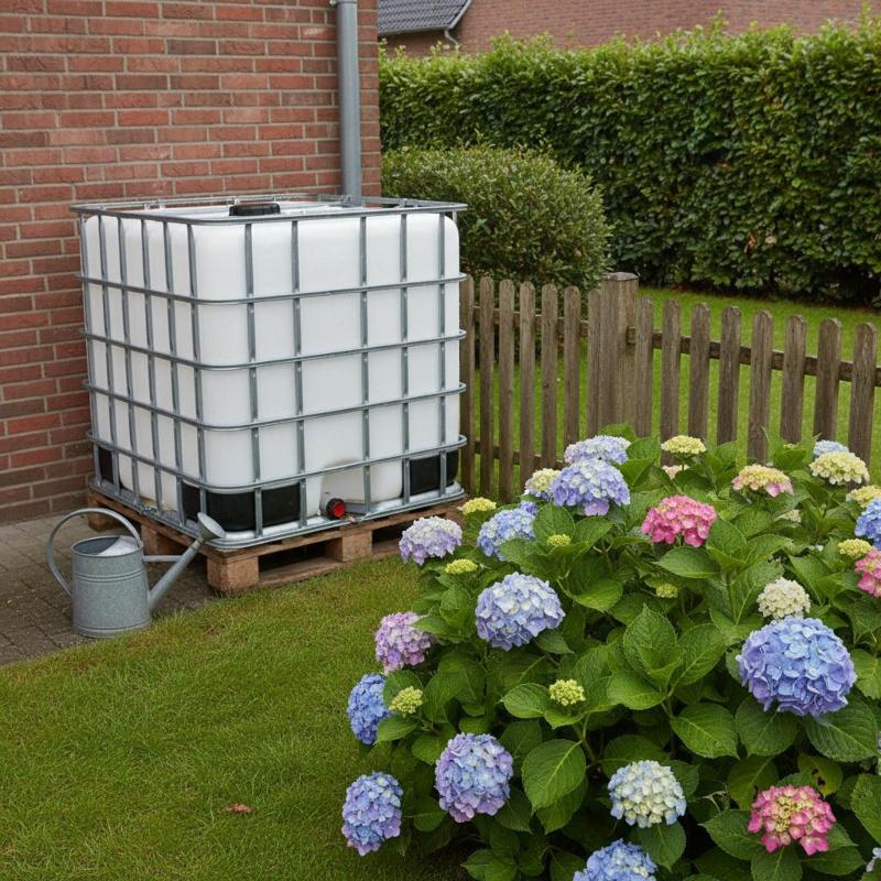 1000-Liter-IBC-Container zum Sammeln von kalkarmem Regenwasser für die Hortensienbewässerung
