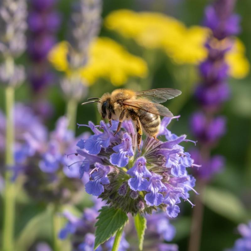 Wildbiene an blauvioletter Katzenminze im Staudenbeet Insektenfreundliches Beet mit Wildbiene auf Katzenminzenblüte