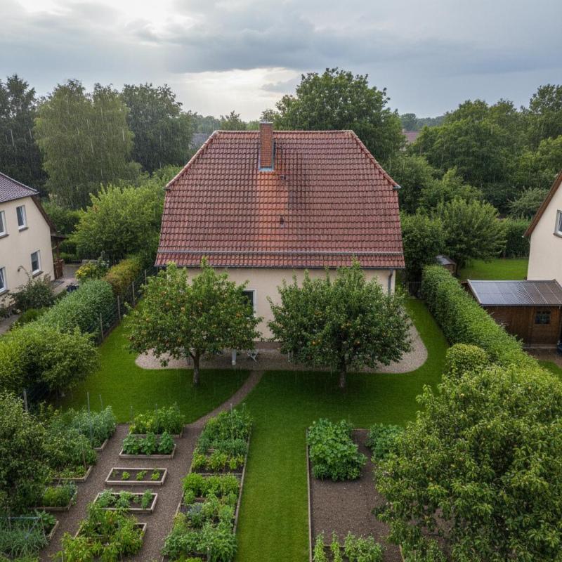 Vogelperspektive auf Einfamilienhaus mit rotem Ziegeldach und Garten mit Hochbeeten bei Regen