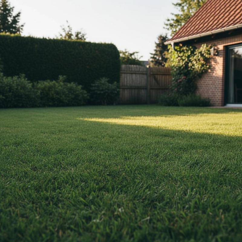 Dichter gesunder Rasen ohne Moos im gepflegten Garten