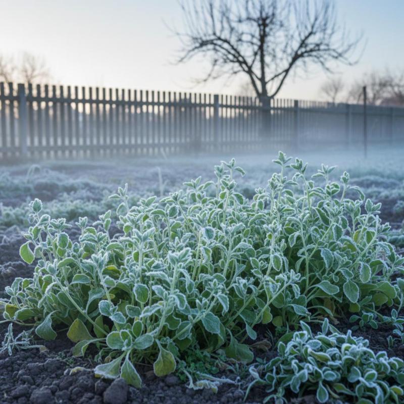 Mit Raureif bedeckte Gründüngung im Garten im Herbst – Frostgare lockert den Boden über den Winter