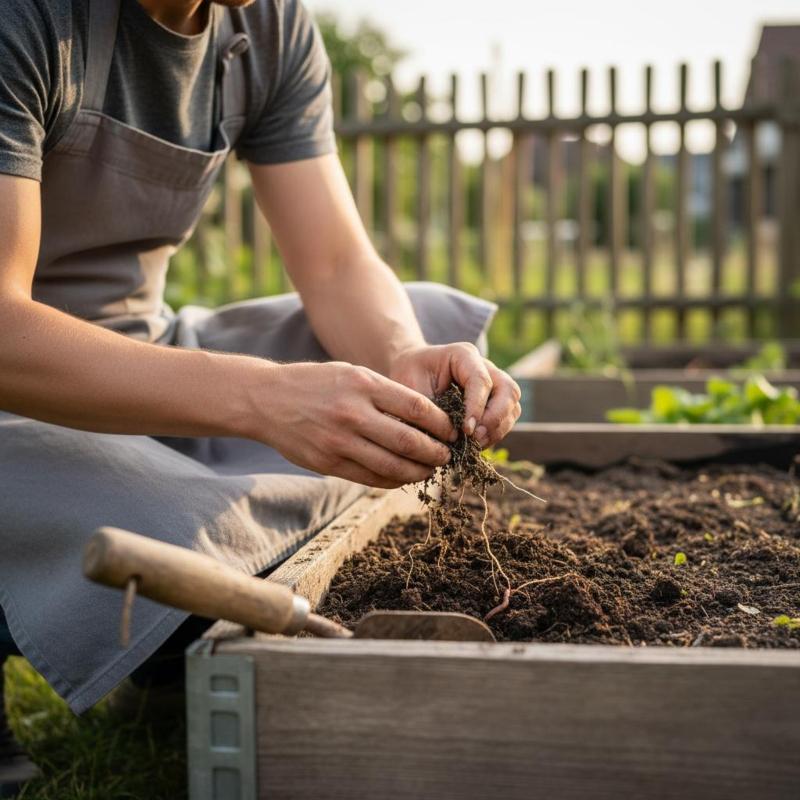 Gärtner prüft krümeligen, lockeren Gartenboden mit der Hand nach erfolgter Gründüngung