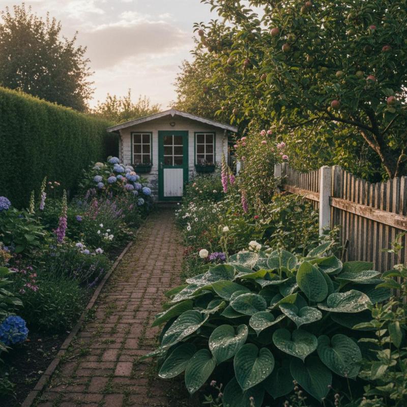 Verregneter Schrebergarten mit Gartenhaus und blühenden Staudenbeeten im Abendlicht