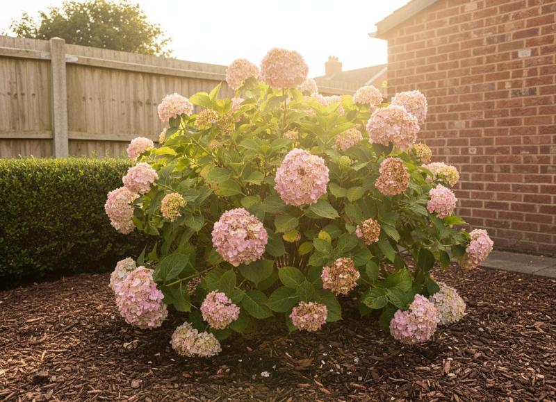 Hortensie mit hängenden Blättern bei Hitze als typisches Zeichen für Verdunstungsschutz