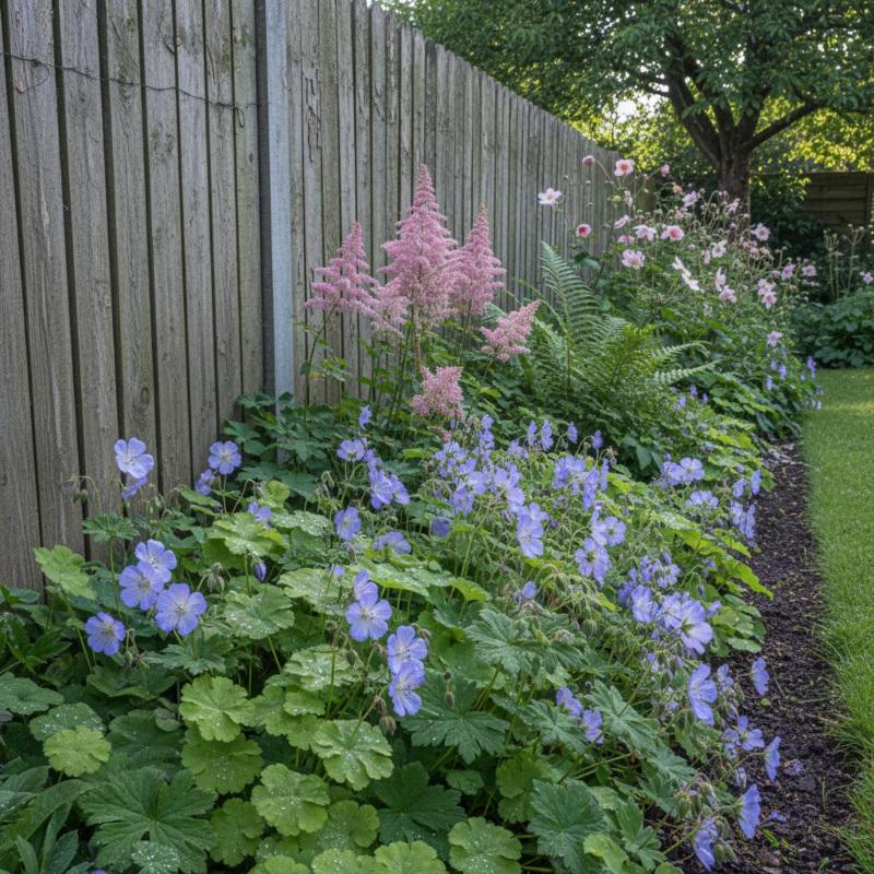 Halbschattige Staudenrabatte mit Storchschnabel und Frauenmantel Halbschattiges Staudenbeet mit Geranium Rozanne, Frauenmantel, Astilbe und Herbstanemone