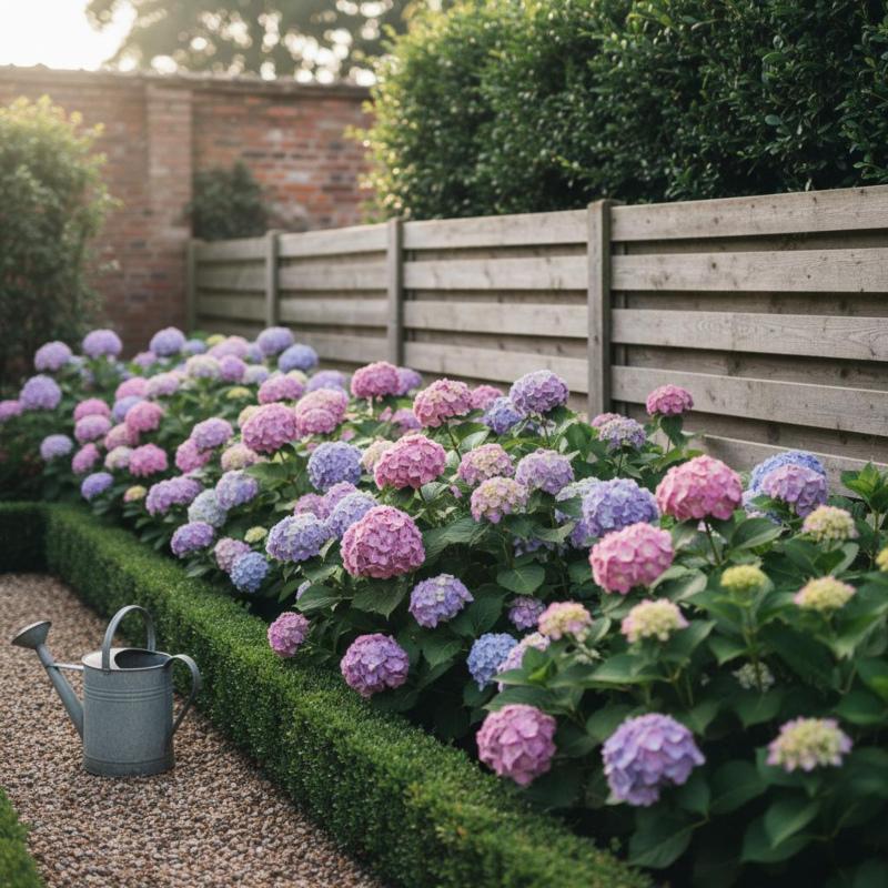 Hortensienbeet mit Blüten in Rosa, Blau und Lila in einem mitteleuropäischen Garten