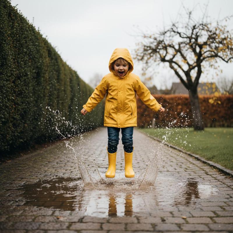Kind in gelber Regenjacke und Gummistiefeln springt fröhlich in eine Pfütze auf einem Gartenweg
