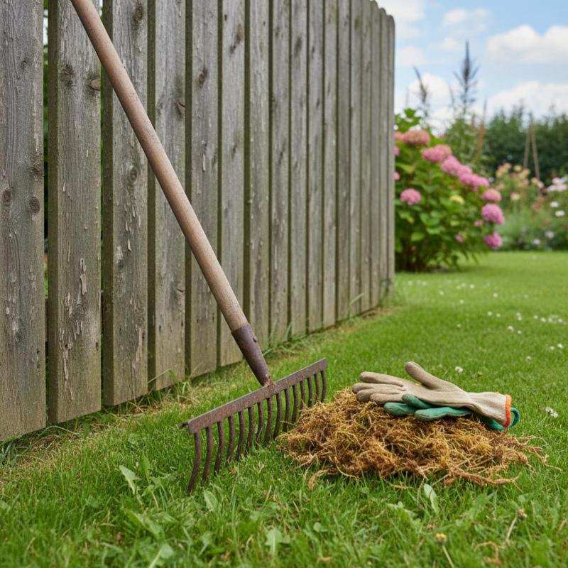 Moos im Rasen manuell mit Eisenrechen entfernen