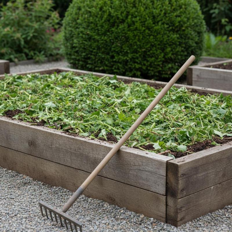 Frisch geschnittene Gründüngung als Mulchschicht auf dem Gemüsebeet
