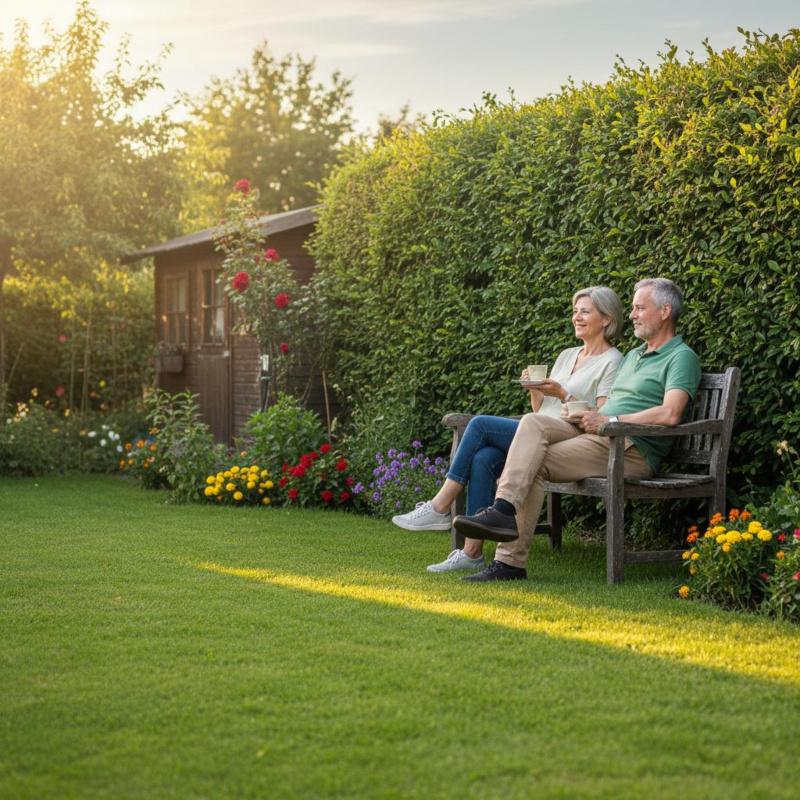 Paar entspannt auf Gartenbank vor gepflegtem Rasen