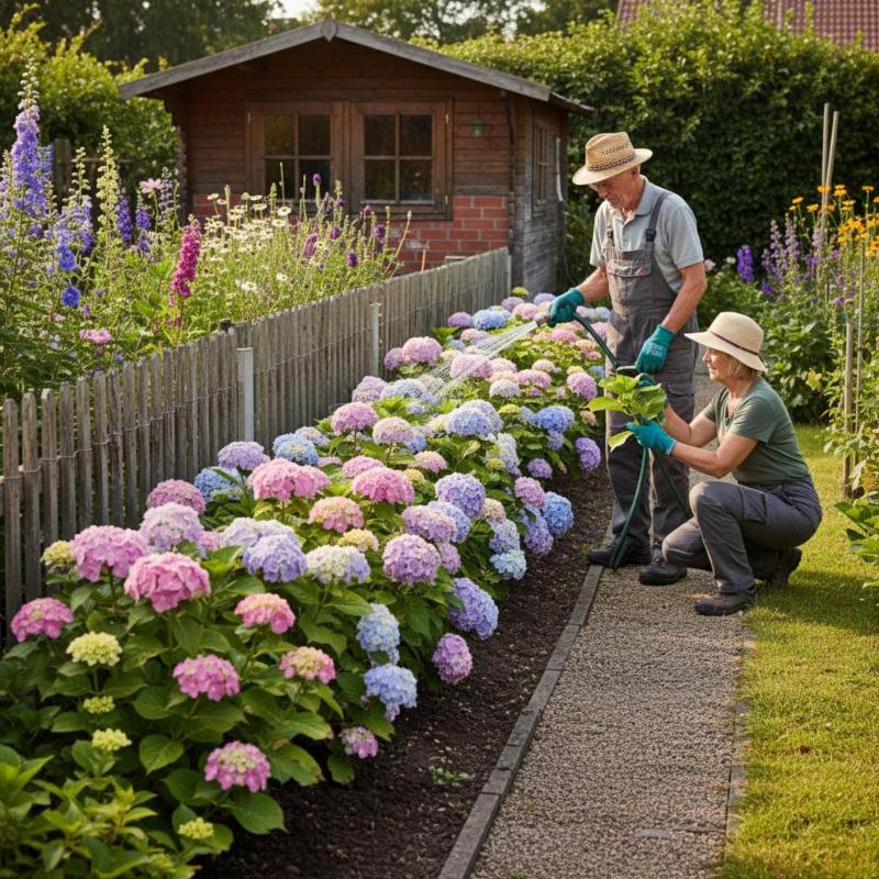 Älteres Paar gießt Hortensien im Schrebergarten an einem Sommernachmittag