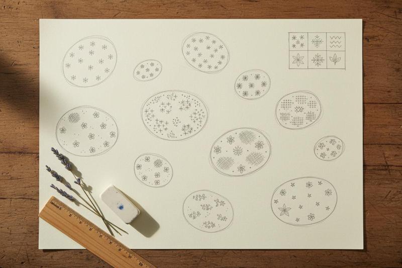 Handgezeichneter Pflanzplan für ein immerblühendes Beet Pflanzplan für ein immerblühendes Beet mit Skizze, Lineal und Bleistift auf cremefarbenem Papier