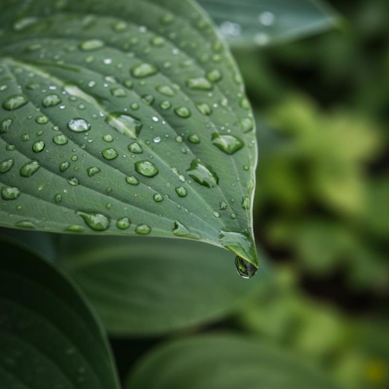 Regentropfen auf dem grünen Blatt einer Hosta-Pflanze im Garten