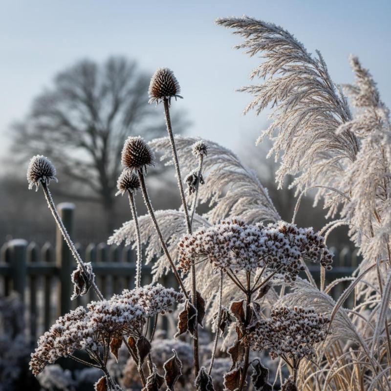 Samenstände von Echinacea und Gräsern mit Raureif im Wintergarten Winterstruktur im immerblühenden Beet mit Sonnenhut-Samenständen und Ziergräsern im Raureif