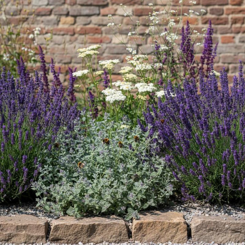 Sonniges Staudenbeet mit Lavendel, Katzenminze und Schafgarbe Immerblühendes Beet an sonnigem Standort mit Lavendel, Katzenminze, Schafgarbe und Salbei