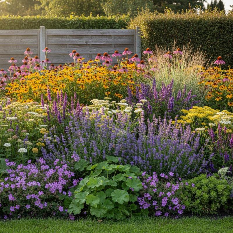 Immerblühendes Beet im Hochsommer mit Sonnenhut, Lavendel und Ziergräsern Immerblühendes Beet anlegen – geschichtete Staudenrabatte mit Sonnenhut, Lavendel, Katzenminze und Ziergräsern im Sommer