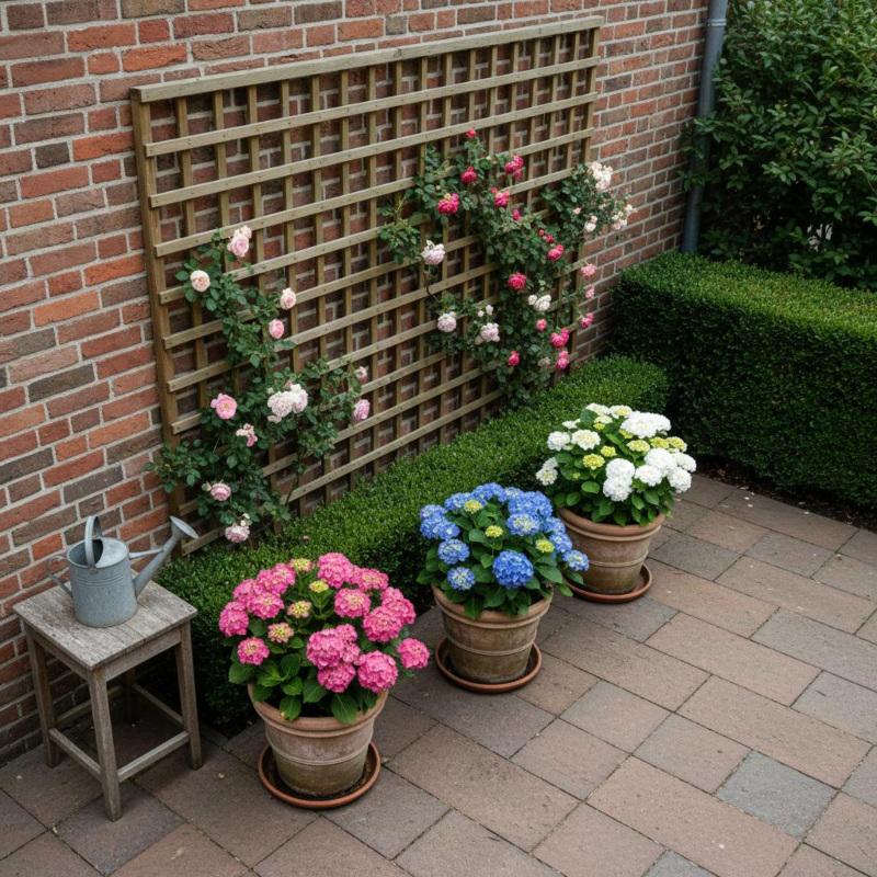 Topfhortensien auf einer Terrasse, bodennah am Wurzelbereich gegossen