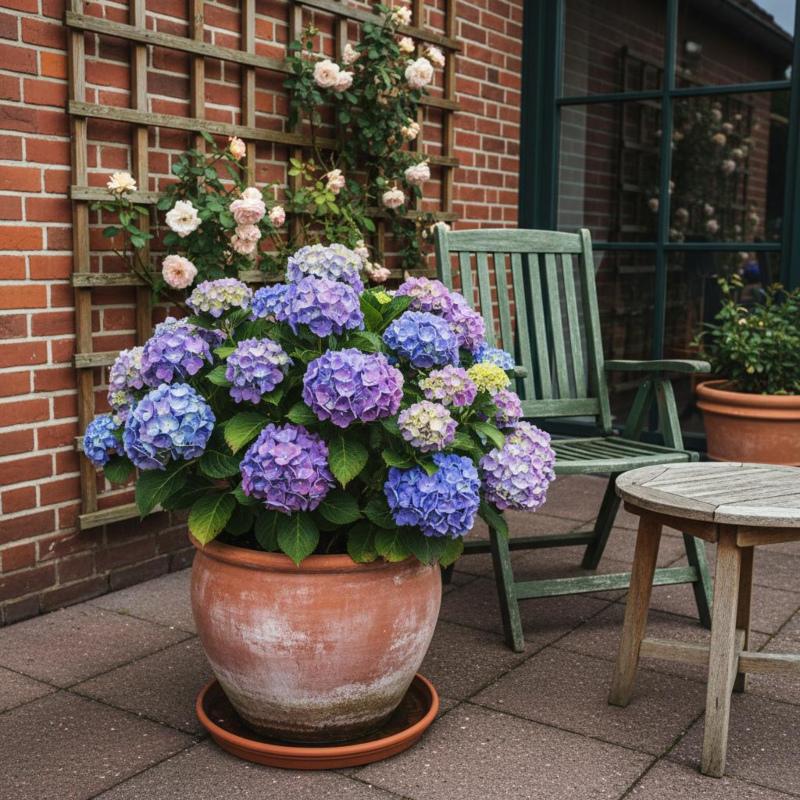 Topfhortensie in Terrakottatopf mit Untersetzer und Abzugslöchern auf einer Terrasse