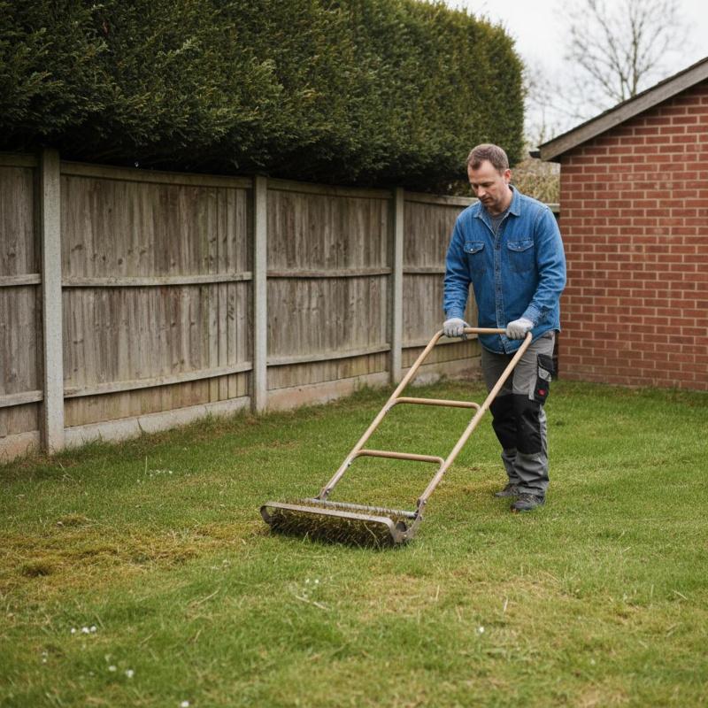 Rasen vertikutieren mit Vertikutierer im Frühjahrsgarten