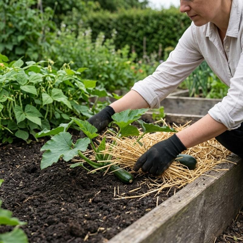 Gärtnerin verteilt Strohmulch um eine Zucchinipflanze im Hochbeet