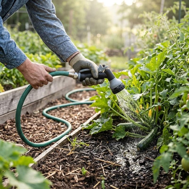 Zucchini werden bodennah am Wurzelbereich mit dem Gartenschlauch bewässert