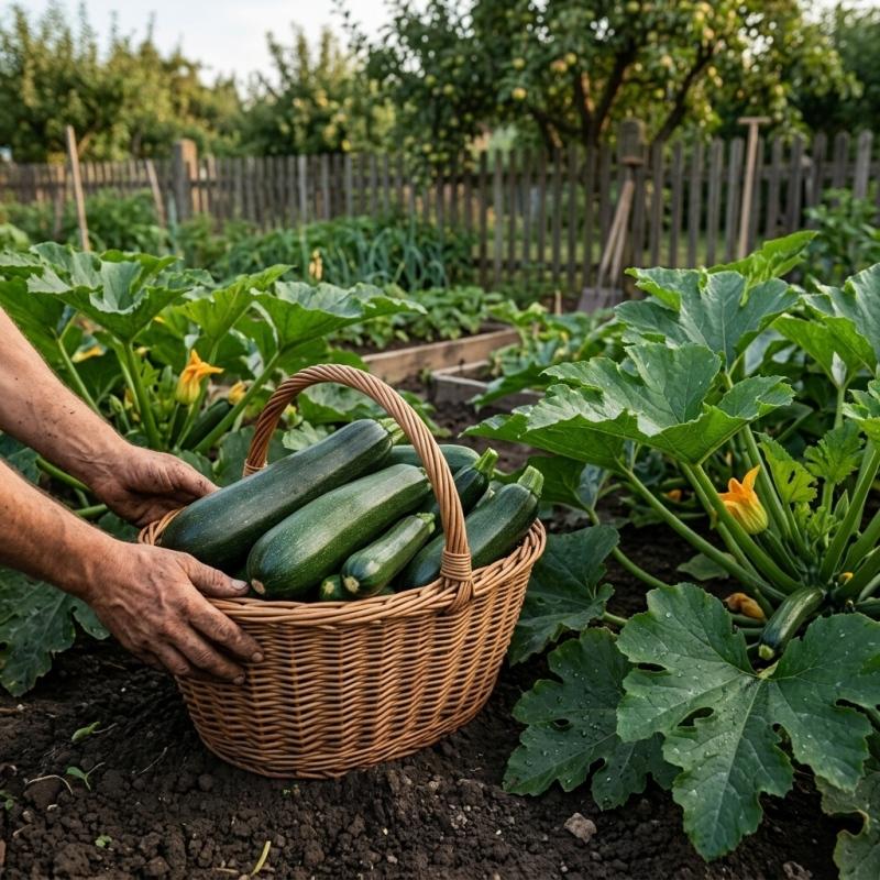 Korb mit frisch geernteten Zucchini im mitteleuropäischen Gemüsegarten