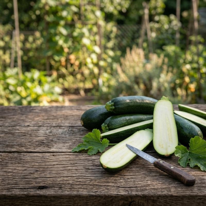 Aufgeschnittene Zucchini mit wasserreichem, hellem Fruchtfleisch auf einem Holztisch