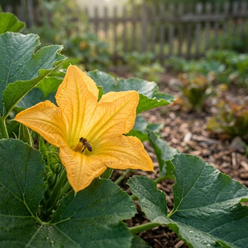 Gelbe Zucchiniblüte mit Biene – die Bestäubung beeinflusst den Fruchtansatz