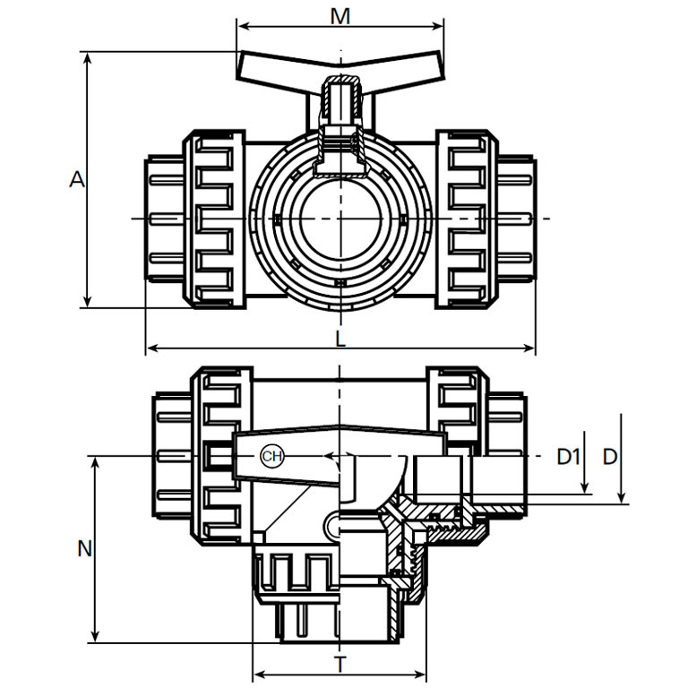 PVC-U-3-Wege-Kugelhahn-L-Bohrung-3x-Klebemuffe-DETAIL