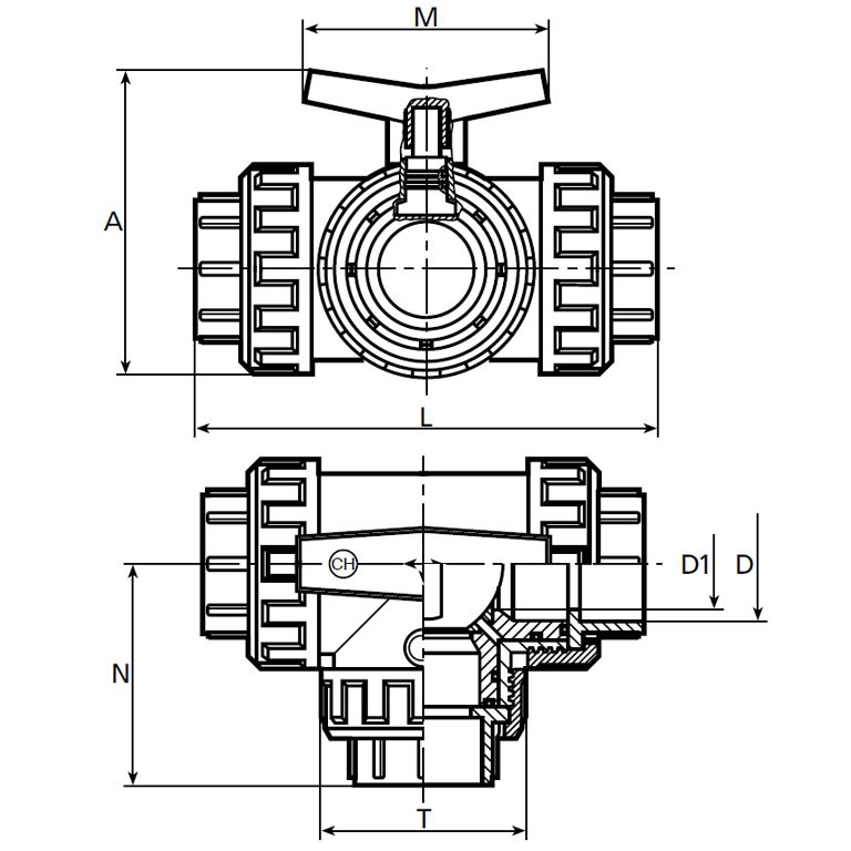 PVC-U-3-Wege-Kugelhahn-T-Bohrung-3x-Innengewinde-DETAIL