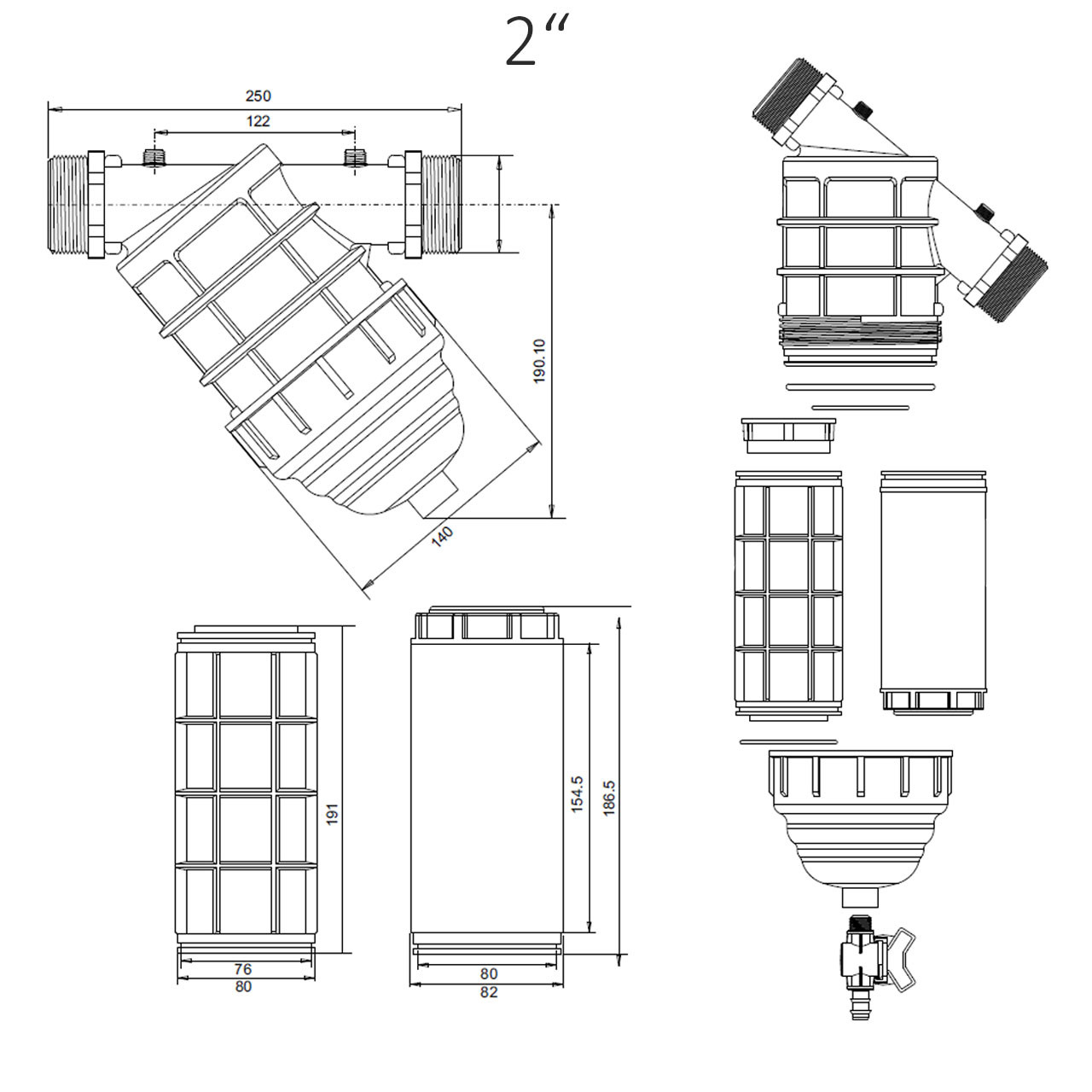 Hydrozyklon Sandseparator Wasser-/ Siebfilter mit Spülhahn 2x Außengewinde 2‘‘