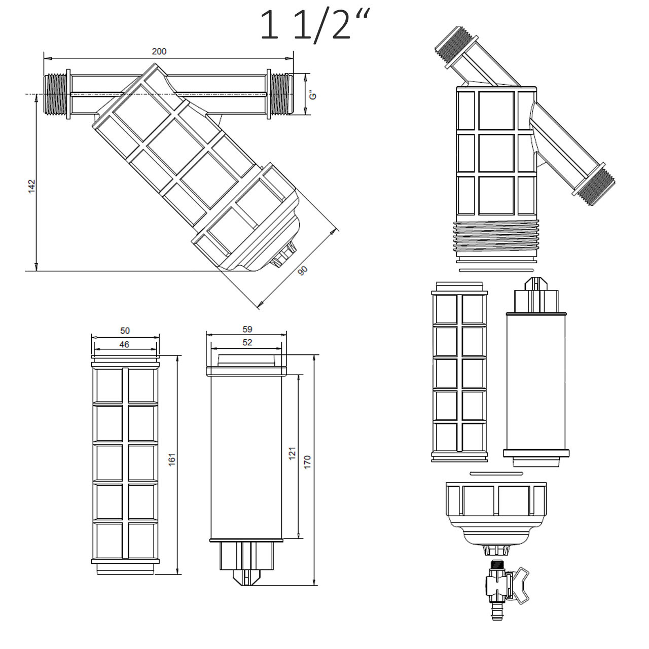 Hydrozyklon Sandseparator Wasser-/ Siebfilter mit Spülhahn 2x Außengewinde 1 1/2‘‘