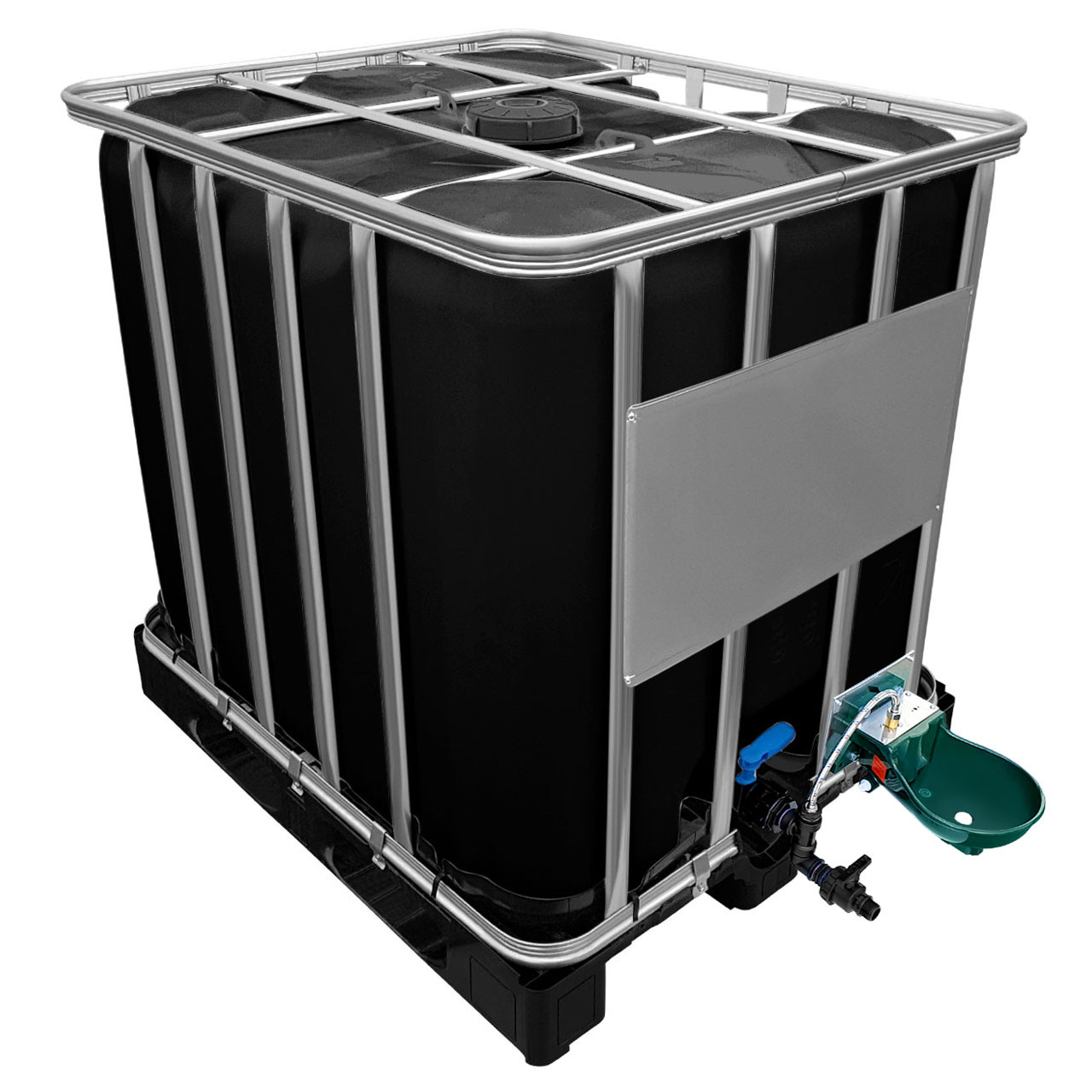 1000l IBC Wassertank in SCHWARZ mit Tränkebecken auf PE-Palette NEU