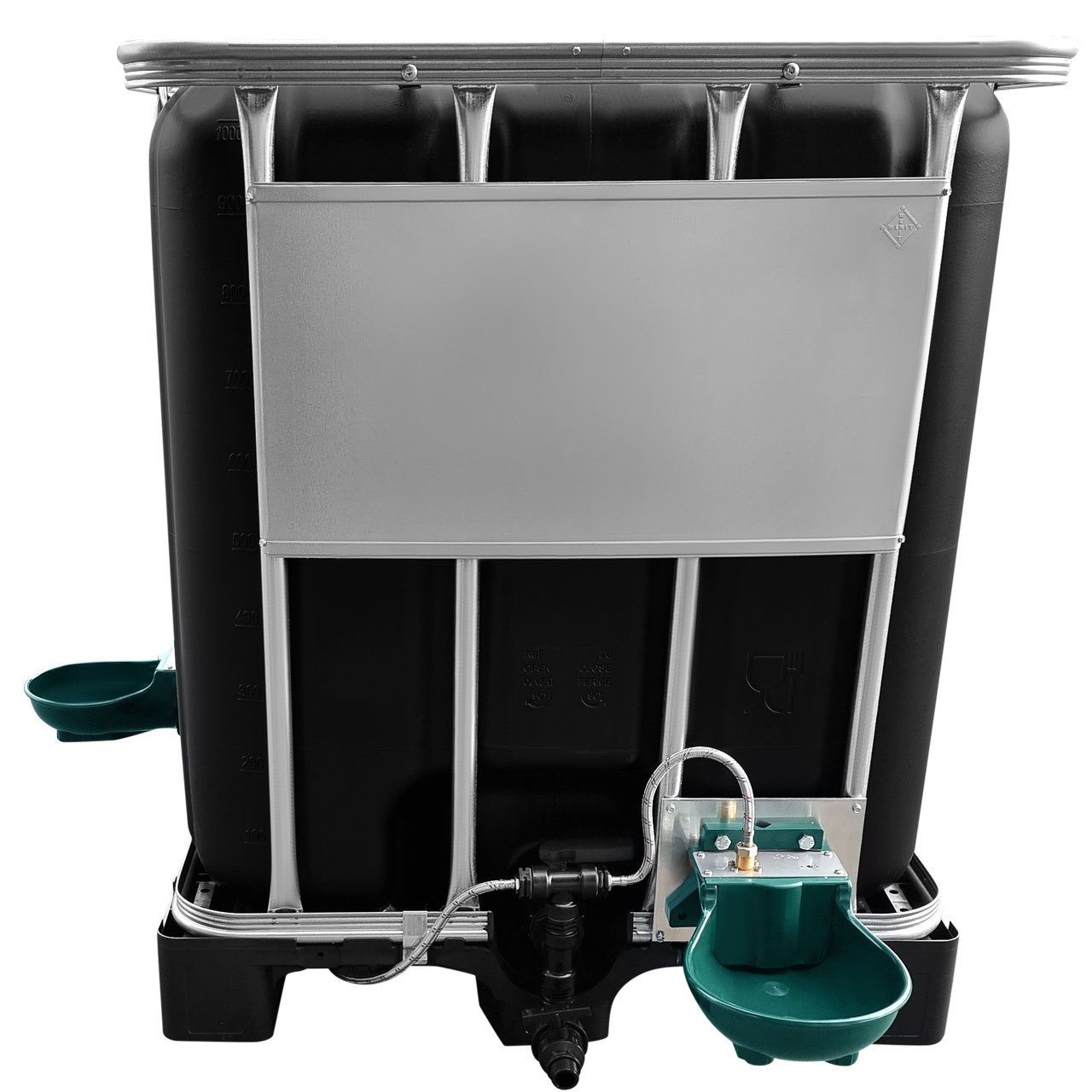1000l IBC Wassertank in SCHWARZ mit Doppel-Tränkebecken auf PE-Palette NEU