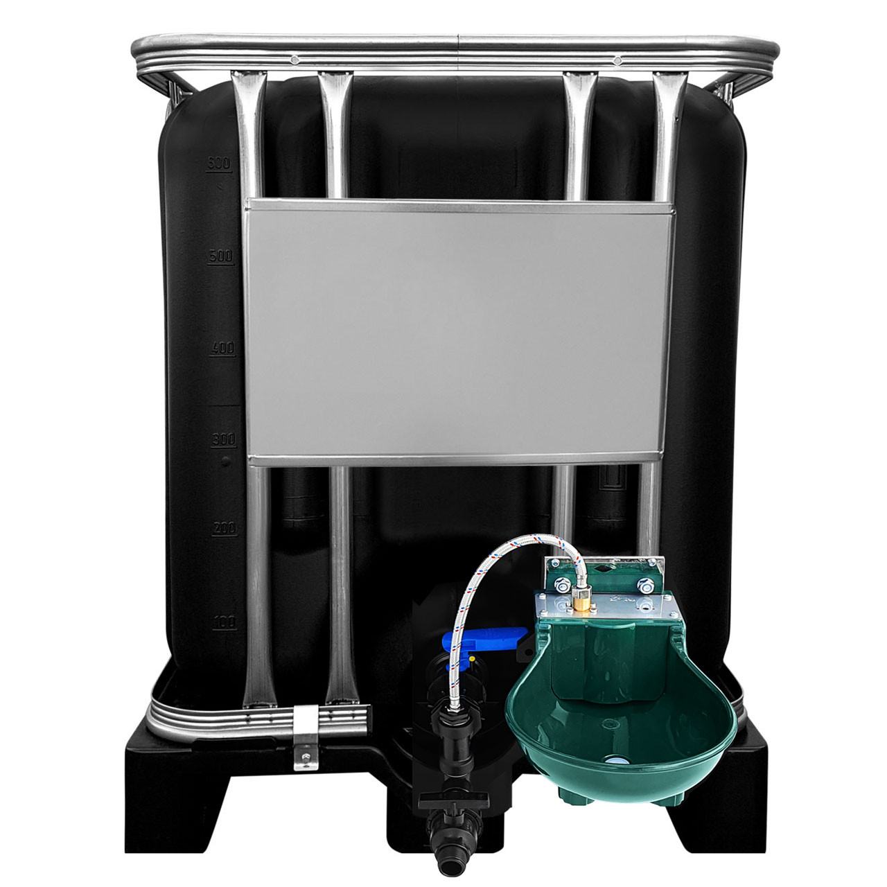 600l IBC Wassertank in SCHWARZ mit Tränkebecken auf PE-Palette NEU