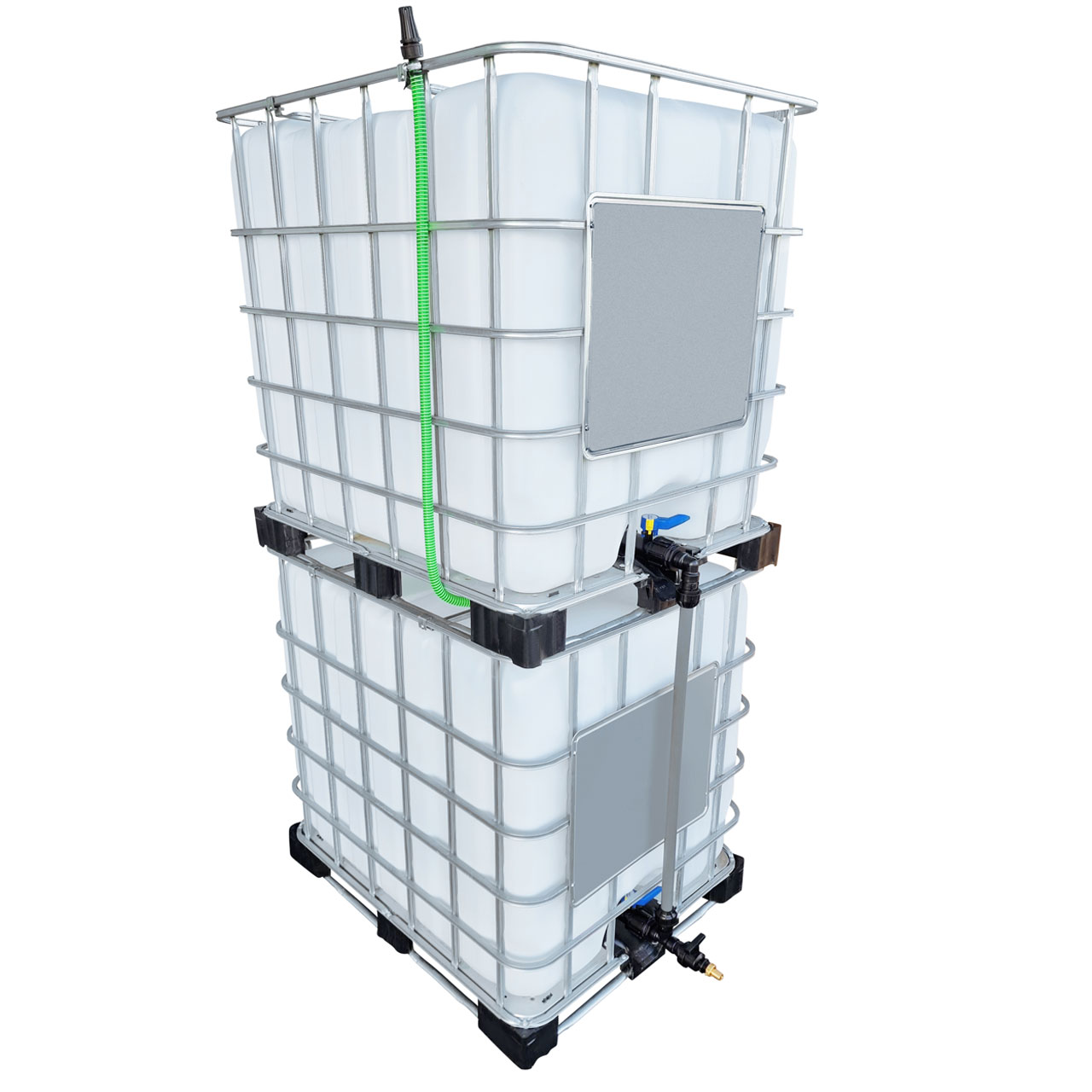 2000l IBC Wassertank übereinander mit Rohr Tankverbindung