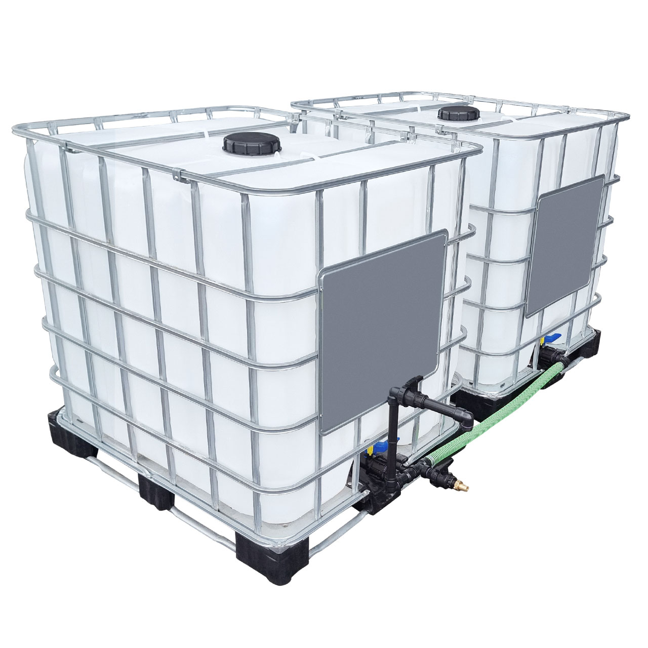 2000l IBC Wassertank nebeneinander Schwanenhals mit Schlauch Tankverbindung