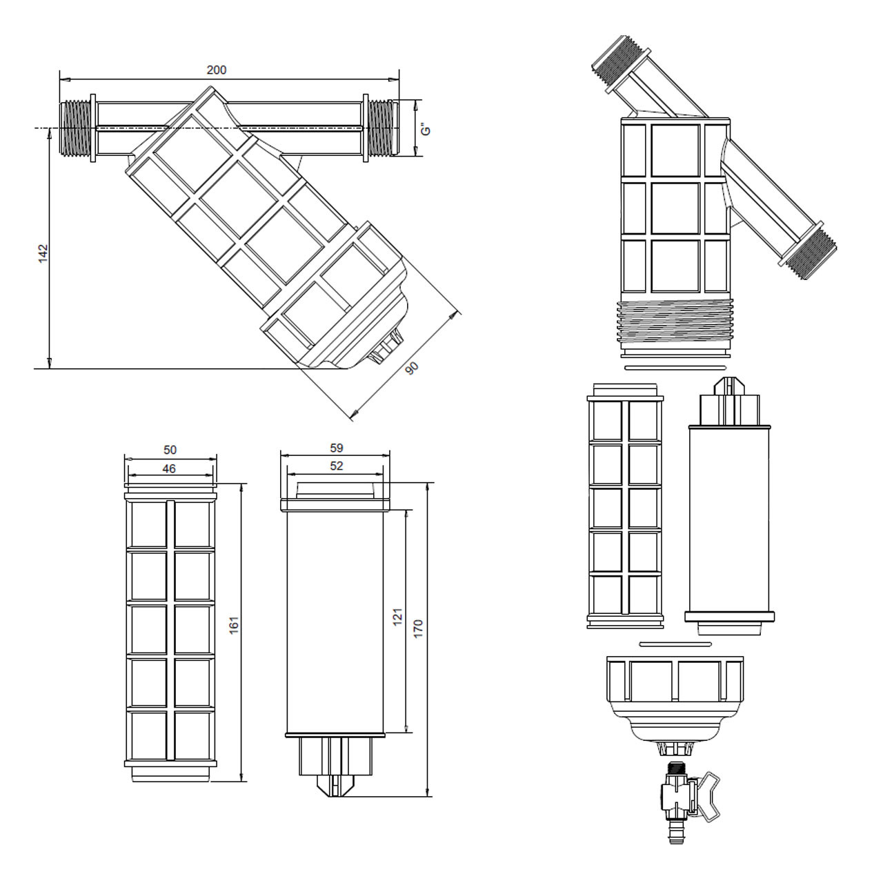 PE-Wasserfilter-Siebfilter-2x-Aussengewinde-mit-Sp-ulhahn PPC Kunststoff Wasserfilter Siebfilter Filterkartusche 2x Außengewinde 1" oder 1 1/4" mit Spülhahn