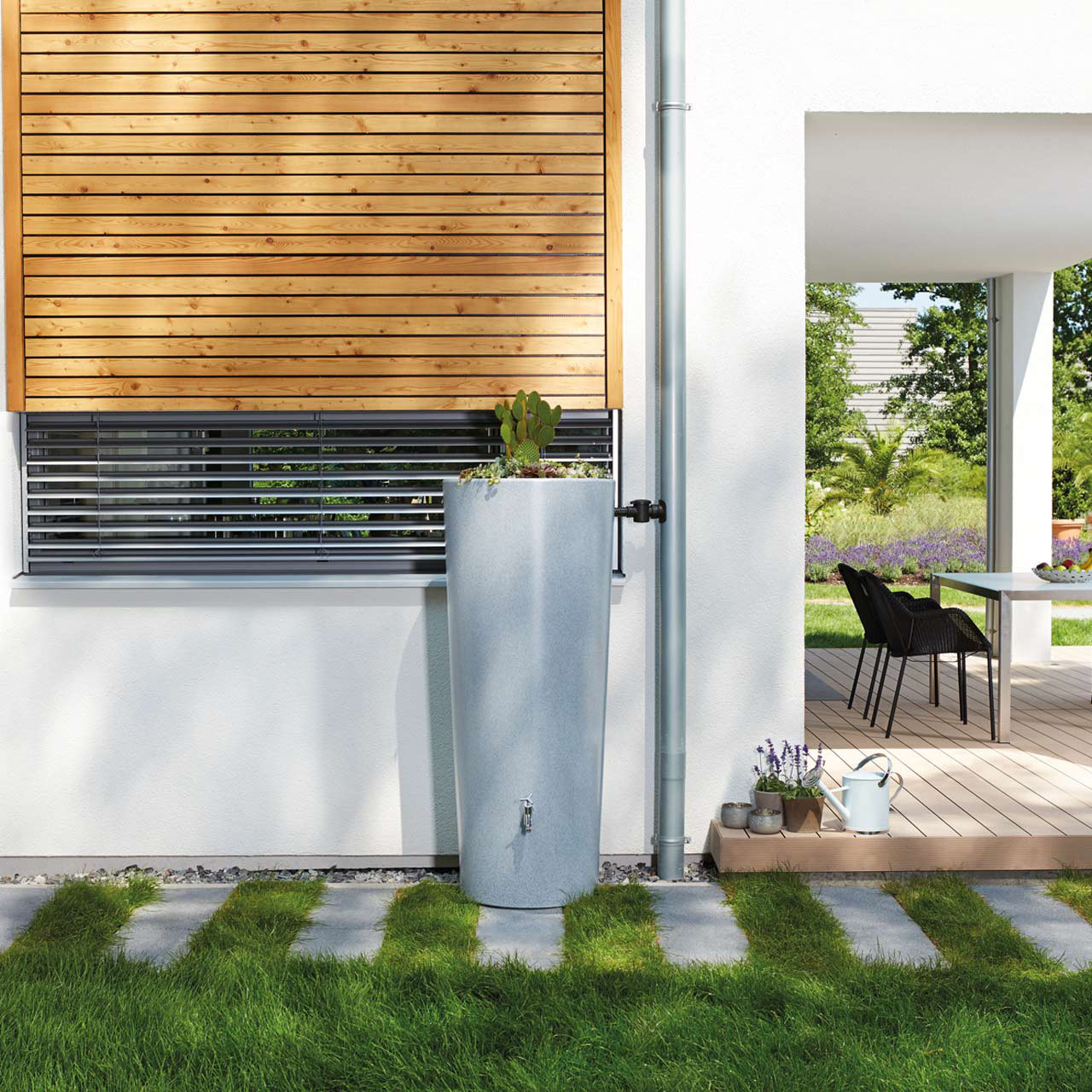 350l Regentonne Wassertank Regenspeicher STONE SILVER 2in1 mit Pflanzschale von GRAF GARANTIA