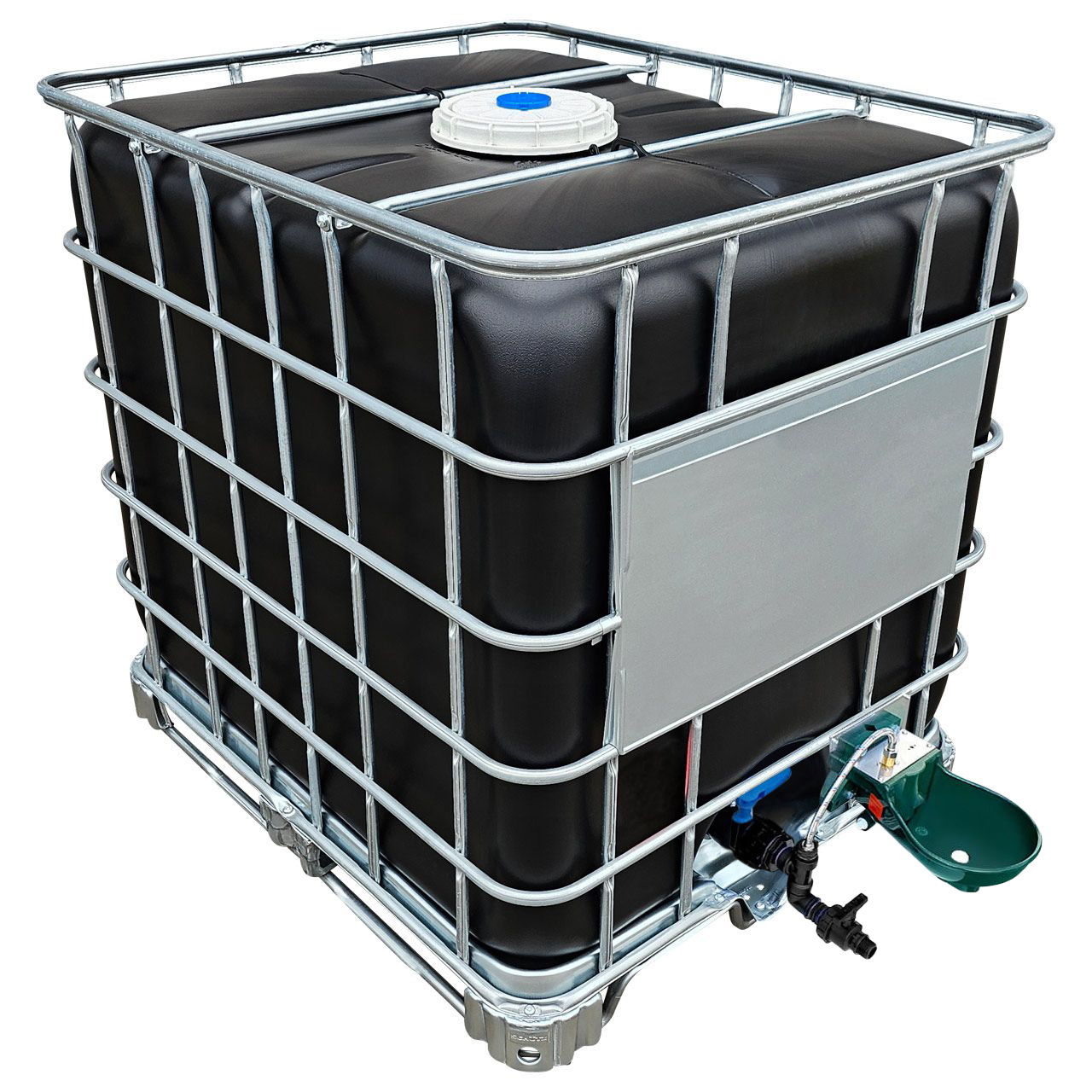 1000l IBC Wassertank in SCHWARZ mit Tränkebecken auf Stahlpalette NEU